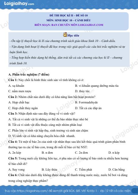 Đề thi học kì 2 Sinh 10 Cánh diều - Đề số 10